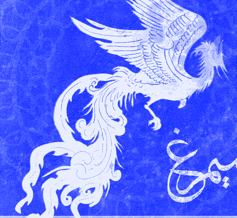 Simorgh, the mythical Persian bird, dithered in blue